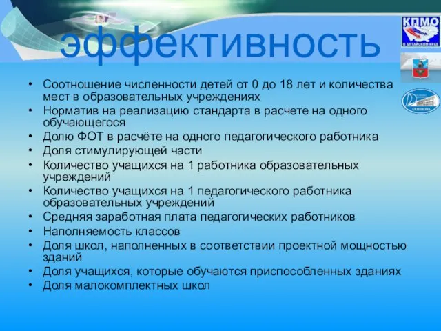 эффективность Соотношение численности детей от 0 до 18 лет и количества мест