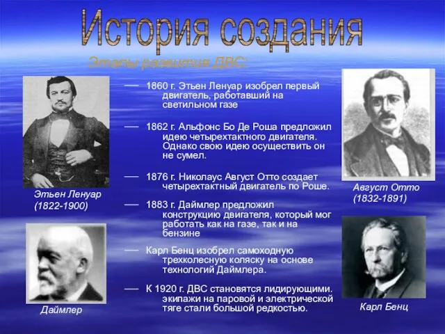 1860 г. Этьен Ленуар изобрел первый двигатель, работавший на светильном газе Этьен