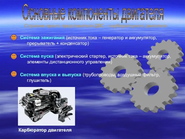 Основные компоненты двигателя Строение яркого представителя ДВС – карбюраторного двигателя Система зажигания