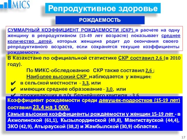 Репродуктивное здоровье В Казахстане по официальной статистике СКР составил 2,6 (в 2010