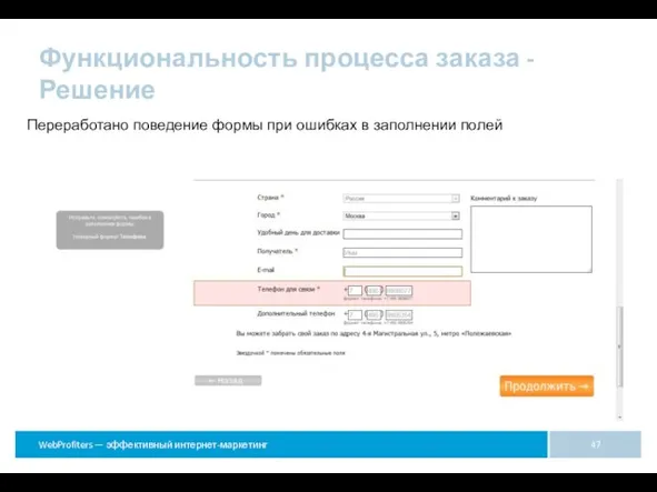 Функциональность процесса заказа - Решение Переработано поведение формы при ошибках в заполнении полей