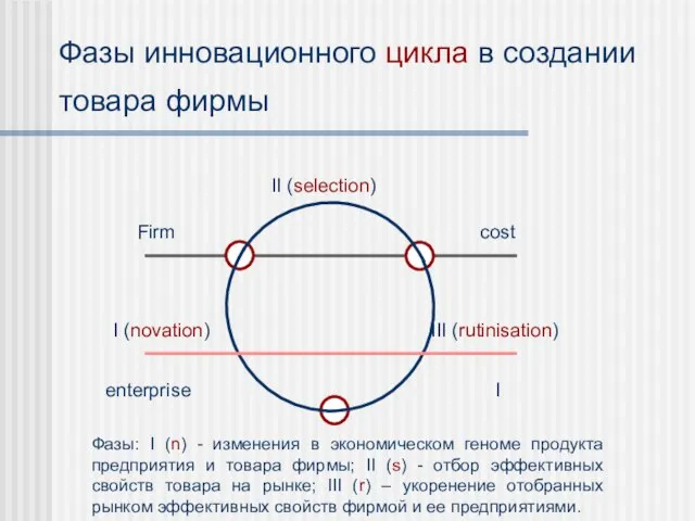 Фазы инновационного цикла в создании товара фирмы II (selection) III (rutinisation) I
