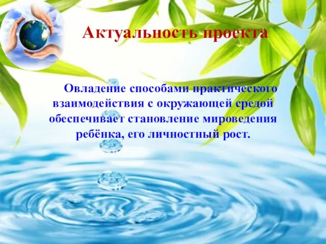 Актуальность проекта Овладение способами практического взаимодействия с окружающей средой обеспечивает становление мироведения ребёнка, его личностный рост.