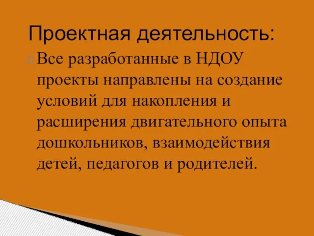 Проектная деятельность: Все разработанные в НДОУ проекты направлены на создание условий для