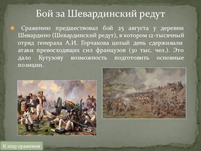 Сражению предшествовал бой 25 августа у деревни Шевардино (Шевардинский редут), в котором