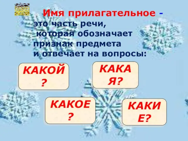 КАКОЙ? КАКАЯ? КАКОЕ? КАКИЕ? Имя прилагательное - это часть речи, которая обозначает