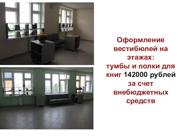 Оформление вестибюлей на этажах: тумбы и полки для книг 142000 рублей за счет внебюджетных средств