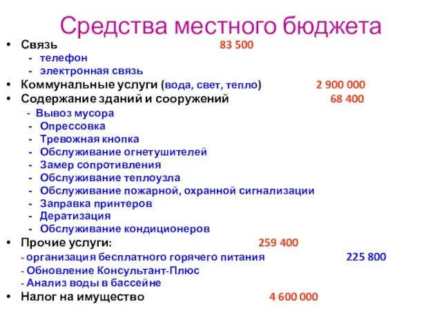 Средства местного бюджета Связь 83 500 телефон электронная связь Коммунальные услуги (вода,