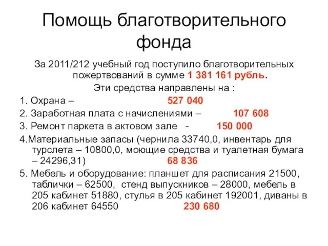 Помощь благотворительного фонда За 2011/212 учебный год поступило благотворительных пожертвований в сумме