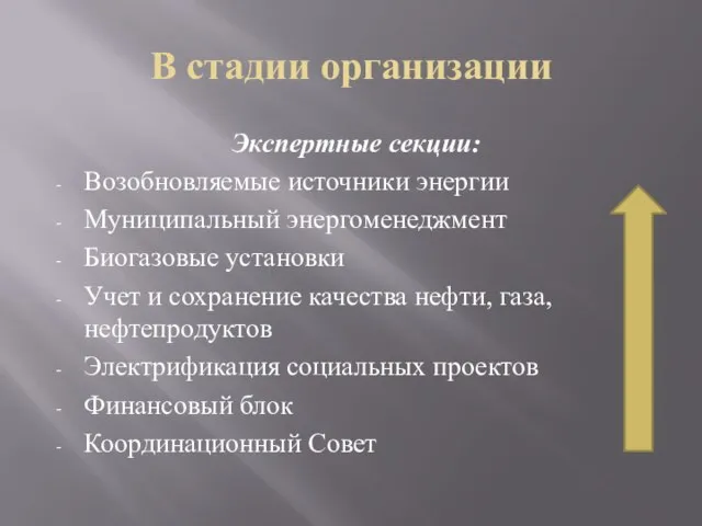 В стадии организации Экспертные секции: Возобновляемые источники энергии Муниципальный энергоменеджмент Биогазовые установки