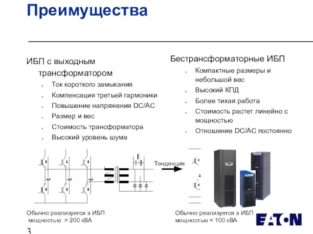 Преимущества ИБП с выходным трансформатором Ток короткого замыкания Компенсация третьей гармоники Повышение