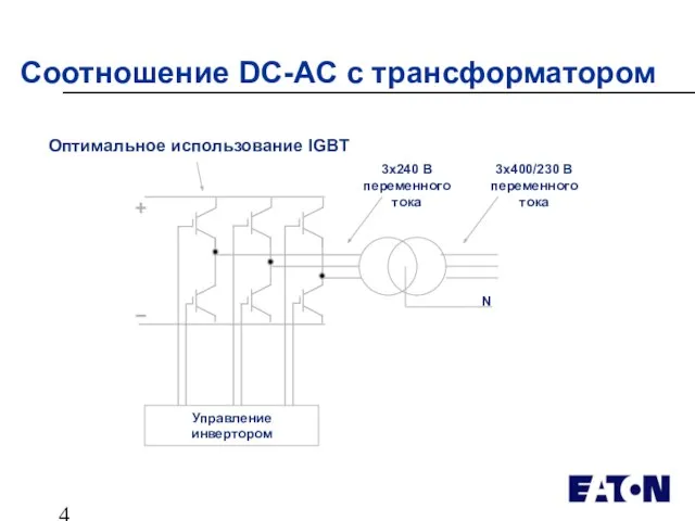 Управление инвертором Соотношение DC-AC с трансформатором 3x400/230 В переменного тока 3x240 В