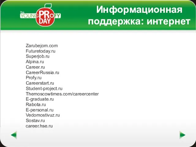 Информационная поддержка: интернет Zarubejom.com Futuretoday.ru Superjob.ru Alpina.ru Career.ru CareerRussia.ru Profy.ru Careerstart.ru Student-project.ru