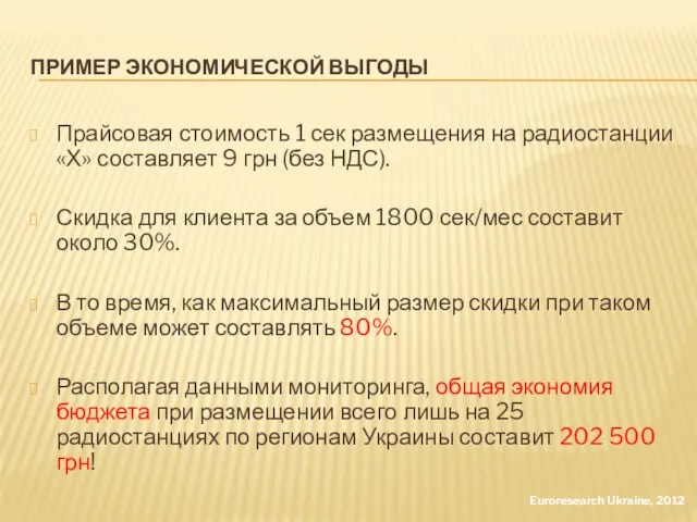 ПРИМЕР ЭКОНОМИЧЕСКОЙ ВЫГОДЫ Euroresearch Ukraine, 2012 Прайсовая стоимость 1 сек размещения на