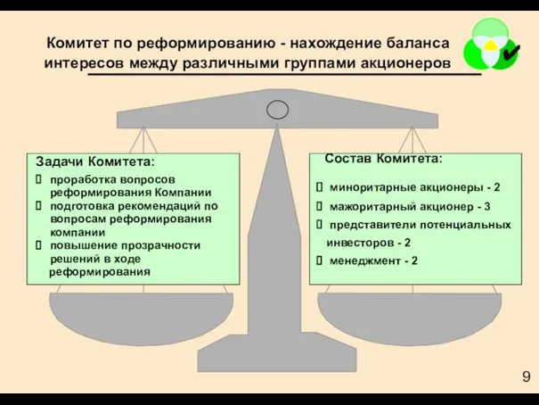 Комитет по реформированию - нахождение баланса интересов между различными группами акционеров Задачи