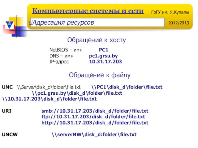 Обращение к хосту Обращение к файлу NetBIOS – имя PC1 DNS –