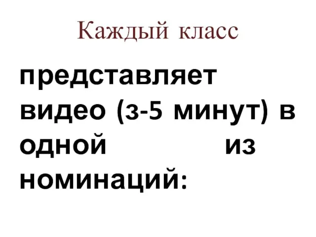 Каждый класс представляет видео (з-5 минут) в одной из номинаций: