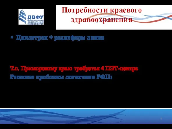 Потребности краевого здравоохранения Циклотрон + радиофарм линия Нормы обеспечения ПЭТ-исследованиями: США –