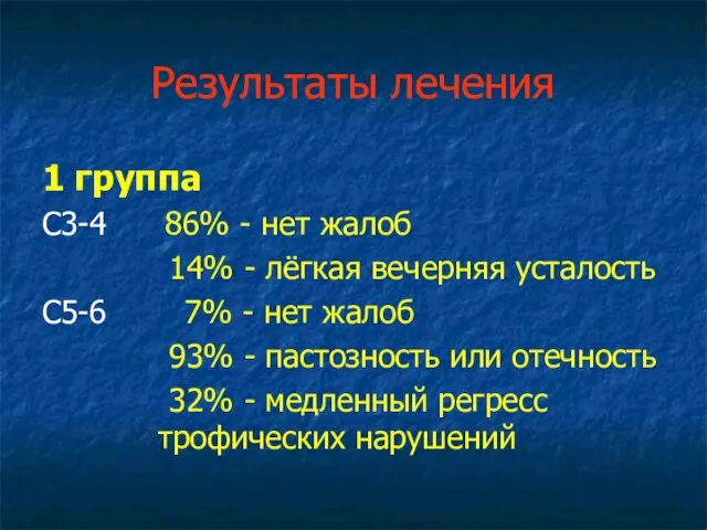 Результаты лечения 1 группа С3-4 86% - нет жалоб 14% - лёгкая