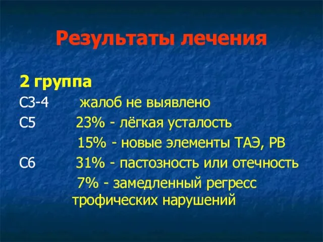 Результаты лечения 2 группа С3-4 жалоб не выявлено С5 23% - лёгкая