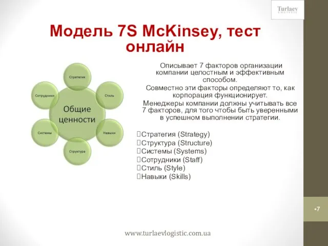 www.turlaevlogistic.com.ua Модель 7S McKinsey, тест онлайн Описывает 7 факторов организации компании целостным