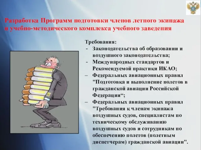 Разработка Программ подготовки членов летного экипажа и учебно-методического комплекса учебного заведения Требования: