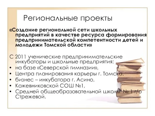 Региональные проекты «Создание региональной сети школьных предприятий в качестве ресурса формирования предпринимательской