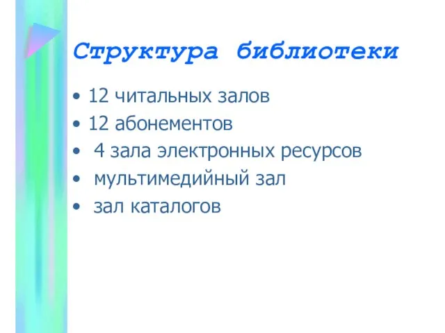 Структура библиотеки 12 читальных залов 12 абонементов 4 зала электронных ресурсов мультимедийный зал зал каталогов