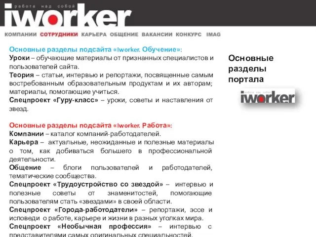 Основные разделы портала Основные разделы подсайта «Iworker. Обучение»: Уроки – обучающие материалы