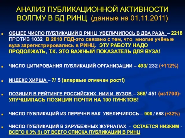 АНАЛИЗ ПУБЛИКАЦИОННОЙ АКТИВНОСТИ ВОЛГМУ В БД РИНЦ (данные на 01.11.2011) ОБЩЕЕ ЧИСЛО