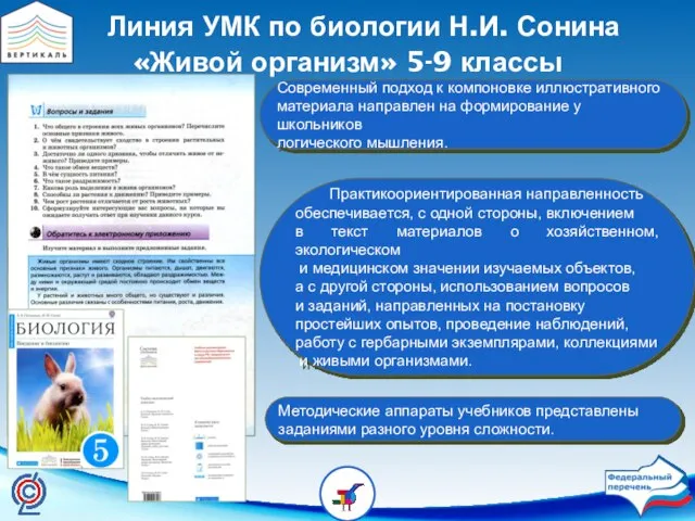 Линия УМК по биологии Н.И. Сонина «Живой организм» 5-9 классы Методические аппараты