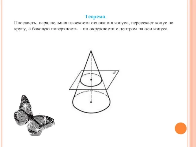 Теорема. Плоскость, параллельная плоскости основания конуса, пересекает конус по кругу, а боковую