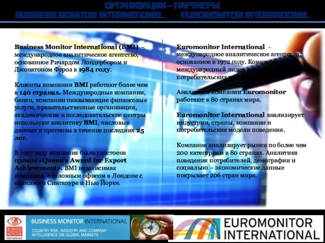 ОРГАНИЗАЦИИ – ПАРТНЕРЫ BUSINESS MONITOR INTERNATIONAL EUROMONITOR INTERNATIONAL Business Monitor International (BMI)