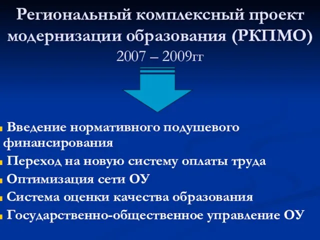 Региональный комплексный проект модернизации образования (РКПМО) 2007 – 2009гг Введение нормативного подушевого