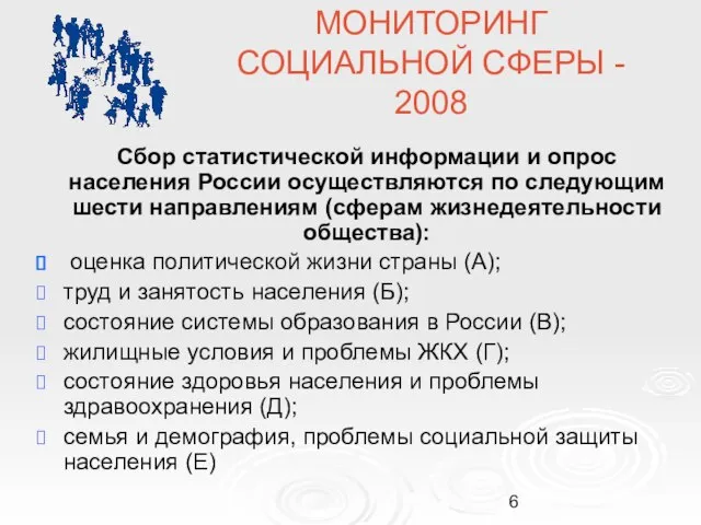 МОНИТОРИНГ СОЦИАЛЬНОЙ СФЕРЫ - 2008 Сбор статистической информации и опрос населения России