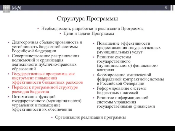 Структура Программы Долгосрочная сбалансированность и устойчивость бюджетной системы Российской Федерации Совершенствование разграничения