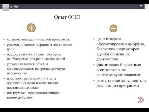 Опыт ФЦП установлены цели и задачи программы рассматриваются варианты достижения цели осуществляется