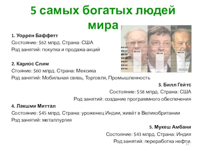 5 самых богатых людей мира 1. Уоррен Баффетт Состояние: $62 млрд. Страна: