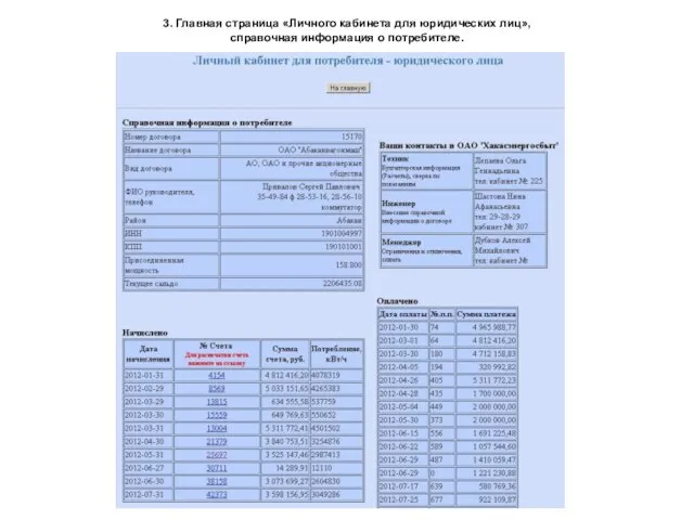 3. Главная страница «Личного кабинета для юридических лиц», справочная информация о потребителе.