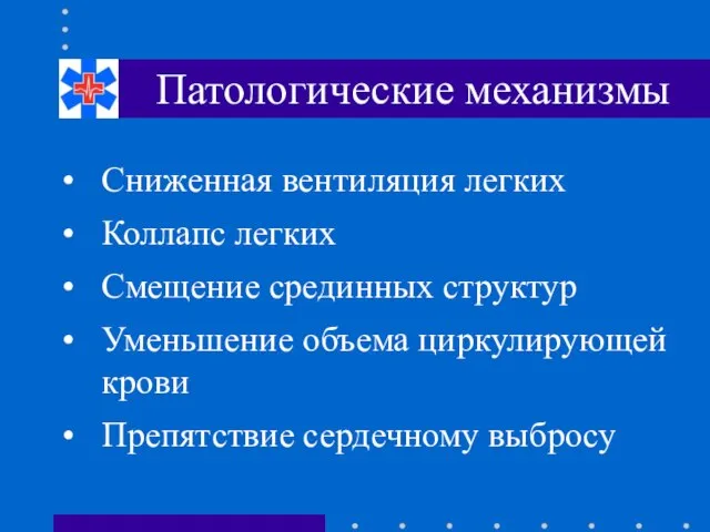 Патологические механизмы Сниженная вентиляция легких Коллапс легких Смещение срединных структур Уменьшение объема