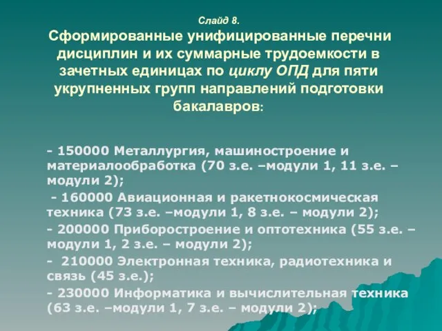 Слайд 8. Сформированные унифицированные перечни дисциплин и их суммарные трудоемкости в зачетных