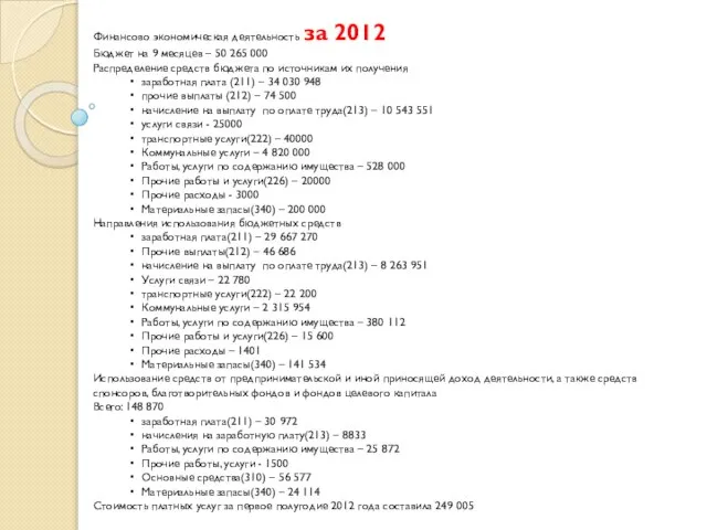 Финансово экономическая деятельность за 2012 Бюджет на 9 месяцев – 50 265