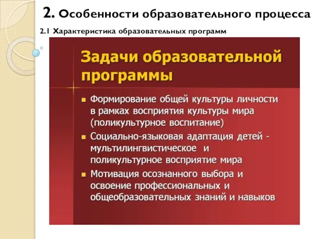 2. Особенности образовательного процесса 2.1 Характеристика образовательных программ