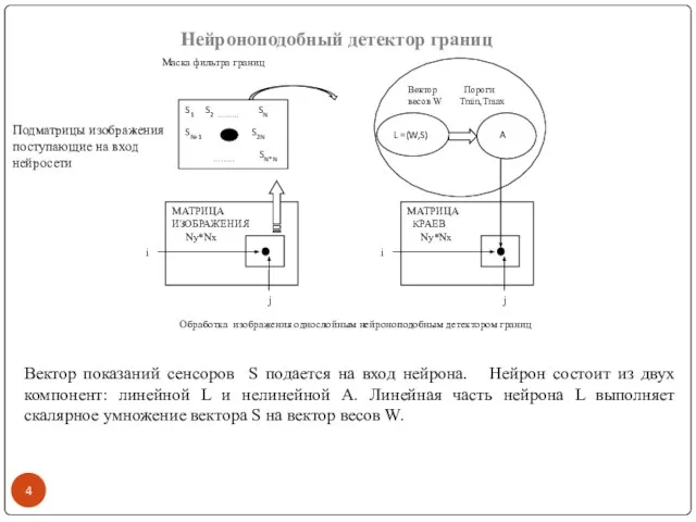 Нейроноподобный детектор границ Вектор показаний сенсоров S подается на вход нейрона. Нейрон