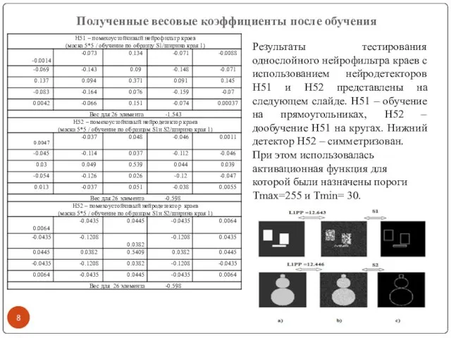 Полученные весовые коэффициенты после обучения Результаты тестирования однослойного нейрофильтра краев c использованием