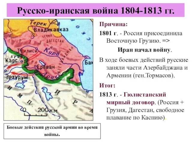 Причина: 1801 г. - Россия присоединила Восточную Грузию. => Иран начал войну.