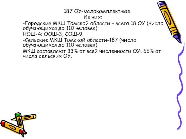 187 ОУ-малокомплектные. Из них: -Городские МКШ Томской области - всего 18 ОУ