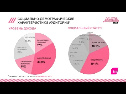 СОЦИАЛЬНО-ДЕМОГРАФИЧЕСКИЕ ХАРАКТЕРИСТИКИ АУДИТОРИИ* УРОВЕНЬ ДОХОДА СРЕДНЕОБЕС- ПЕЧЕННЫЕ 18% ОБЕСПЕЧЕННЫЕ 38,9% ВЫСОКООБЕС-ПЕЧЕННЫЕ 17%