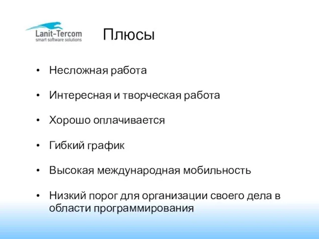 Плюсы Несложная работа Интересная и творческая работа Хорошо оплачивается Гибкий график Высокая