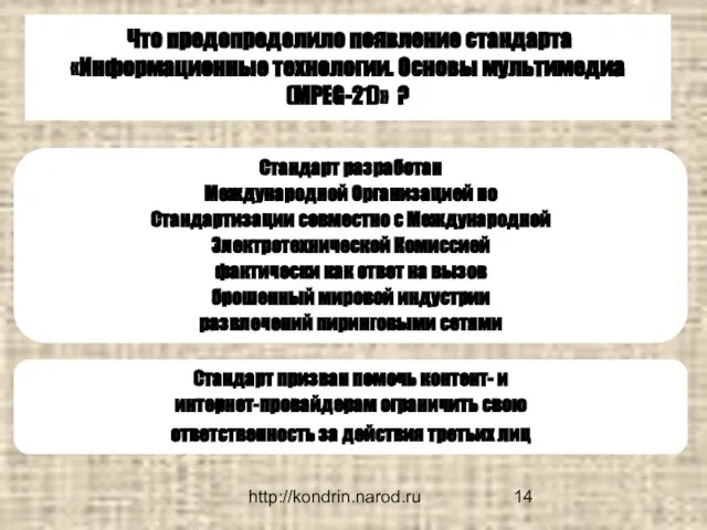 http://kondrin.narod.ru Что предопределило появление стандарта «Информационные технологии. Основы мультимедиа (MPEG-21)» ? Стандарт